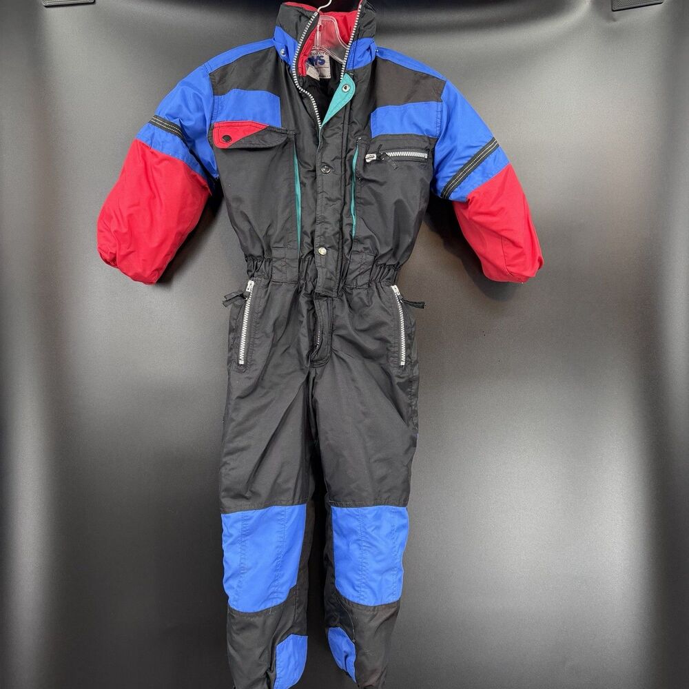 VTG One Piece Vintage Snowsuit Youth Kids Size 7 Snow Ski Outfit Black Blue Red